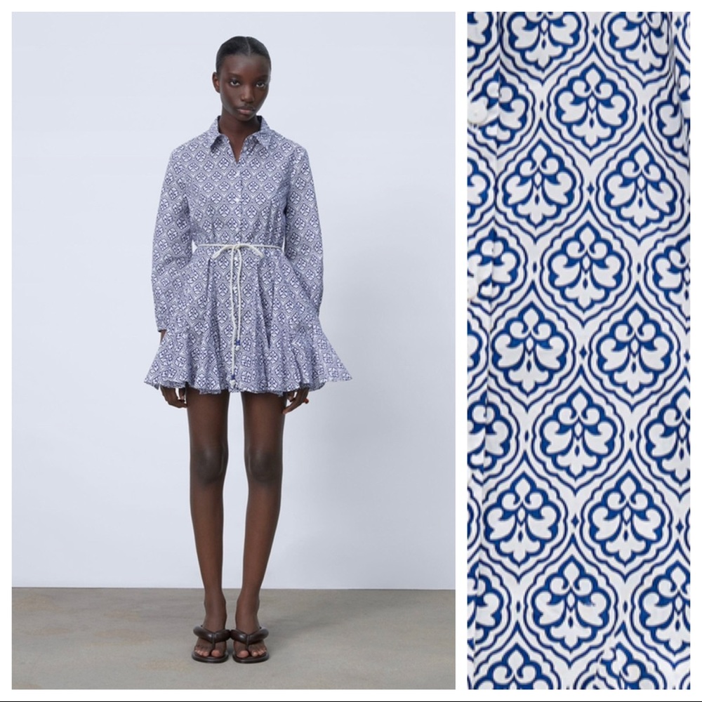 zara blue and white dress | Dresses | Nwt Zara Whiteblue Printed Mini With Belt Size M A-line Black Satin Straps trend:wednesday-core neckline and puff sleeves Size:11-12 Years